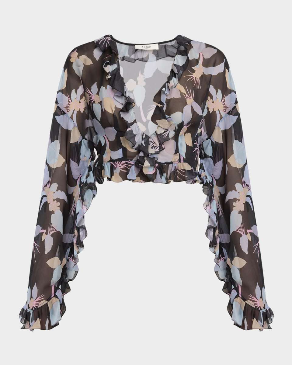 Floral Silk Ruffle Long-Sleeve Crop Top